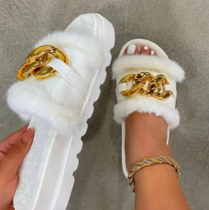 Summer Plush Slippers Fashion Open Toe Solid Color Women's Sandals Metal Chain Outdoor Casual Women's Shoes Plus Size discountshub