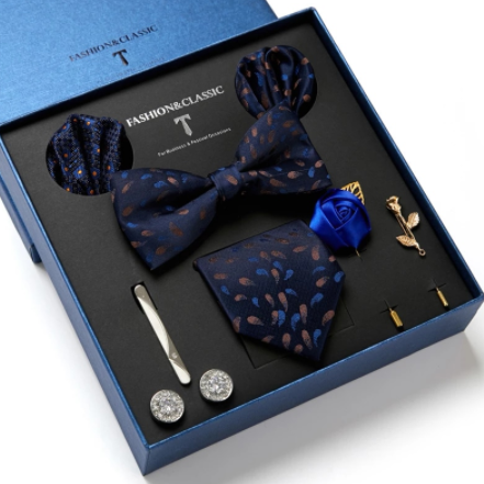 2021 New Design Holiday Luxury Gift Necktie set for Men Silk Butterfly Bowtie Tie and Tie Clips Lapel Pin Hanky Cufflinks Set discountshub