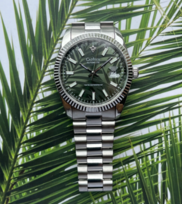 CADISEN New Men Mechanical Watch Olive Green Palm Motif Dial Top Brand Luxury Automatic Watch 100M Waterproof Gift Watch For Men discountshub