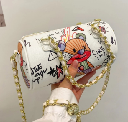 Cartoons Graffiti Cylindrical Pu Leather Zipper Crossbody Bags For Women 2021 Fashion Chain Shoulder Handbags And Purses Lady discountshub