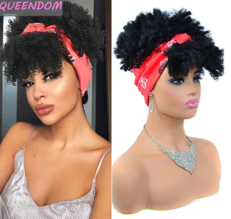 Fluffy Headband Wigs for Black Women Short Afro Kinky Curly Headwrap Wig High Temperature Natural Synthetic Headband Scarf Wig discountshub