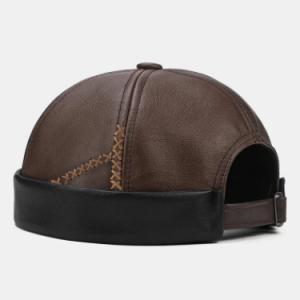 Men PU Solid Color Patchwork Cross Embroidery Thread Dome Casual Warmth Brimless Beanie Landlord Cap Skull Cap discountshub