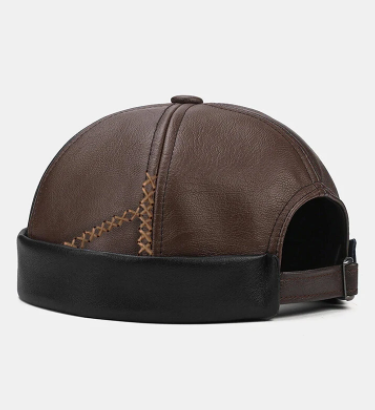 Men PU Solid Color Patchwork Cross Embroidery Thread Dome Casual Warmth Brimless Beanie Landlord Cap Skull Cap discountshub