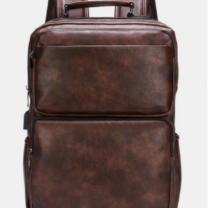 Men Retro Faux Leather Waterproof Wear-resisting Large Capacity Backpack discountshub