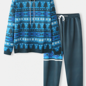 Mens Allover Christmas Tree Snowflake Print Drawstring Hoodies Two Pieces Outfits discountshub