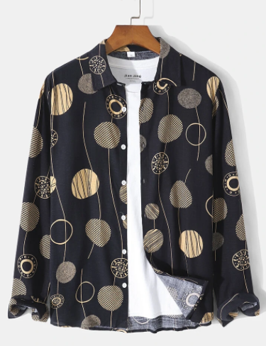 Mens Allover Geometric Print Button Front Cotton Casual Long Sleeve Shirts discountshub