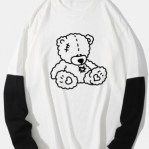 Mens Cartoon Bear Print 100% Cotton 2 In 1 Preppy Long Sleeve T-Shirts discountshub