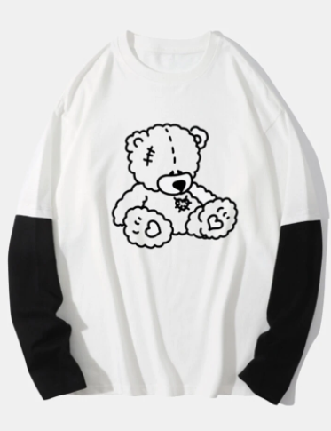 Mens Cartoon Bear Print 100% Cotton 2 In 1 Preppy Long Sleeve T-Shirts discountshub