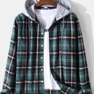 Mens Check Plaid Preppy Long Sleeve Contrast Drawstring Hooded Shirts discountshub