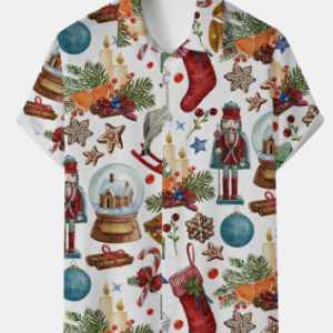 Mens Christmas Colorful Mixed Pattern Lapel Collar Holiday Short Sleeve Shirts discountshub