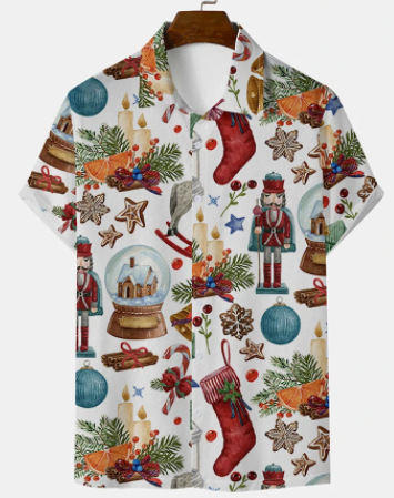 Mens Christmas Colorful Mixed Pattern Lapel Collar Holiday Short Sleeve Shirts discountshub