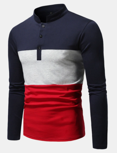 Mens Color Block Patchwork Stand Collar Casual Long Sleeve Golf Shirts discountshub
