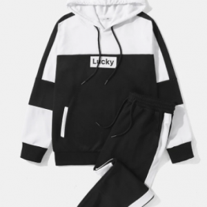 Mens Contrast Patchwork Lucky Print Hoodie Street Two Pieces Outfits With Joggers discountshub