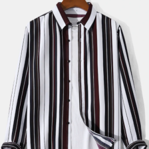 Mens Contrast Vertical Striped Lapel Button Front Casual Long Sleeve Shirts discountshub