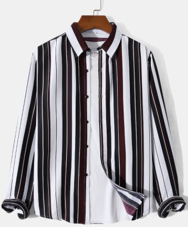 Mens Contrast Vertical Striped Lapel Button Front Casual Long Sleeve Shirts discountshub