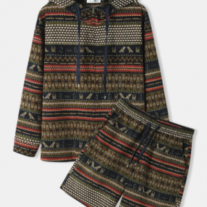 Mens Corduroy Ethnic Tribal Pattern Zip Hooded Two Pieces Outfits With Shorts discountshub