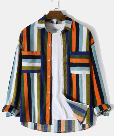 Mens Corduroy Multicolor Striped Button Front Casual Long Sleeve Shirts discountshub