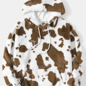 Mens Cow Pattern Kangaroo Pocket Loose Drawstring Plush Hoodies discountshub