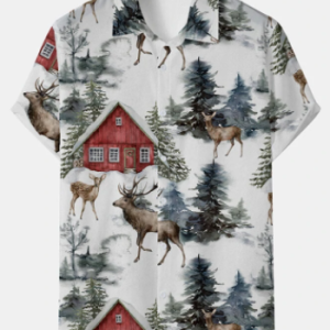 Mens Elk Tree Cabin Print Christmas Button Holiday Short Sleeve Shirts discountshub