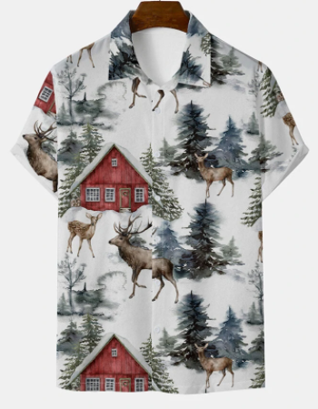 Mens Elk Tree Cabin Print Christmas Button Holiday Short Sleeve Shirts discountshub