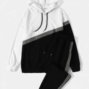 Mens Glen Plaid Stitching Drawstring Hoodie Street Two Pieces Outfits discountshub