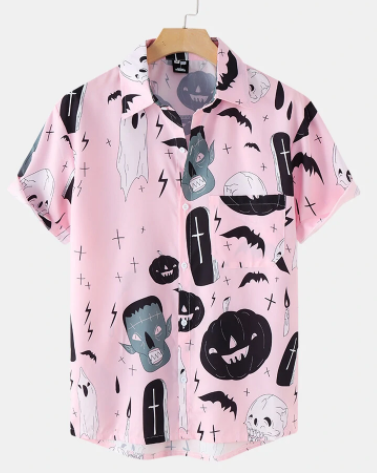 Mens Halloween Funny Print Button Up Short Sleeve Shirts discountshub