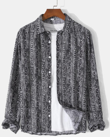 Mens Irregular Pattern Print Striped Button Cotton Casual Long Sleeve Shirts discountshub