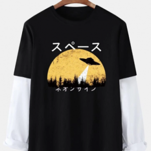 Mens Japanese Character UFO Print Contrast Cotton 2 In 1 Long Sleeve T-Shirts discountshub
