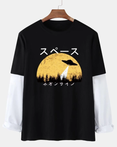 Mens Japanese Character UFO Print Contrast Cotton 2 In 1 Long Sleeve T-Shirts discountshub