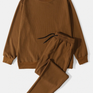 Mens Knitted Texture Solid Color Crew Neck Sweatshirt Casual Two Pieces Outfits discountshub