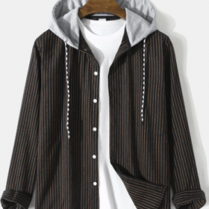 Mens Pinstripe Button Up Cotton Casual Drawstring Hooded Shirts discountshub