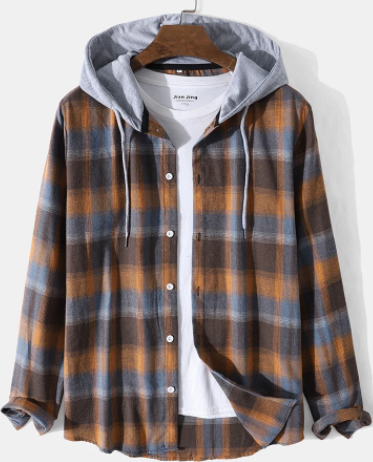 Mens Plaid Button Front Casual Long Sleeve Contrast Hooded Shirts discountshub