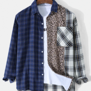 Mens Plaid Leopard Patchwork High Low Hem Street Long Sleeve Shirts discountshub