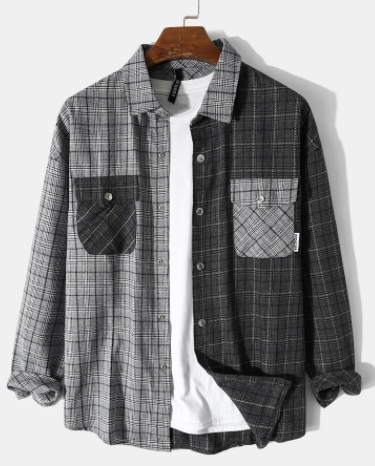 Mens Plaid Patchwork Snap Button Double Pocket Casual Long Sleeve Shirts discountshub