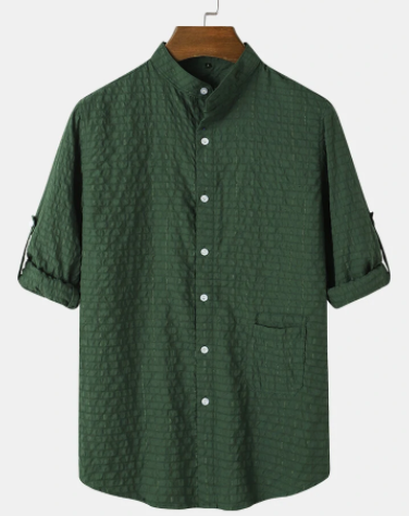 Mens Seersucker Texture 100% Cotton Long Sleeve Shirts With Sleeve Tabs discountshub