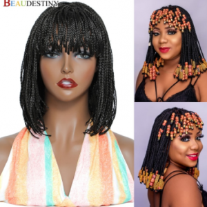 Short Braided Wigs For Black Women Heat Resistant Crochet Box Braided Bob Wig With Bangs African Synthetic Braiding Hair Wig Bob discountshub