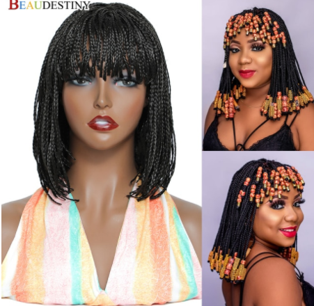 Short Braided Wigs For Black Women Heat Resistant Crochet Box Braided Bob Wig With Bangs African Synthetic Braiding Hair Wig Bob discountshub