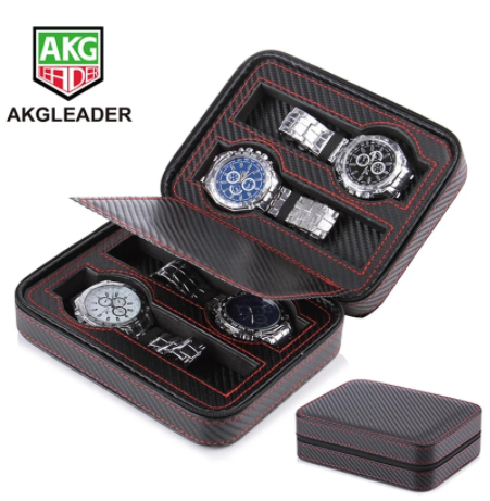 2/4/8 Slot Portable Carbon Fiber Leather Watch Zipper Storage bag Travel Jewlery Watch Box Bag Case Personalized Luxury Gift discountshub