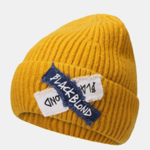 Unisex Knitted Solid Color Letter Raw Edge Patch Flanging All-match Warmth Beanie Hat discountshub