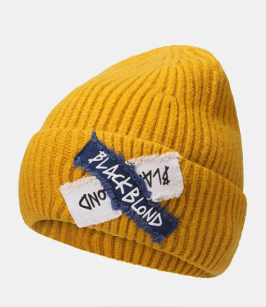 Unisex Knitted Solid Color Letter Raw Edge Patch Flanging All-match Warmth Beanie Hat discountshub