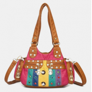 Women Vintage Rivet Waterproof Patchwork PU Leather Shoulder Bag Handbag Tote discountshub