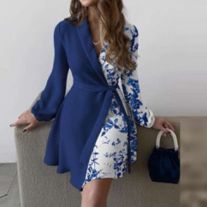 2021 OL Style Turn-down Collar A-Line Party Dress Women Sexy Pattern Print Patchwork Mini Dress Autumn Belted Long Sleeve Dress discountshub