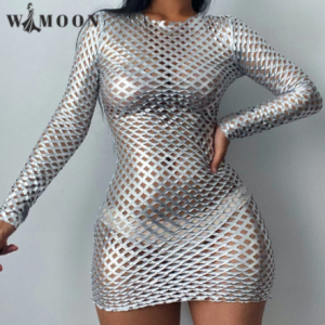 Autumn Sexy Bodycon Hollow Out Dress Silver Diamond Mesh Club Long Sleeve Mini Pencil Party Dress for Women discountshub
