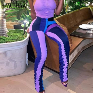 Hawthaw Women Autumn Color Block Printed High Waist Long Pencil Pants Bottoms 2021 Fall Wholesale Lots Bulk Clothes Streetwear discountshub