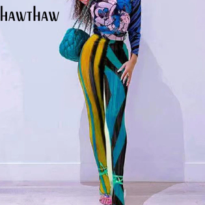 Hawthaw Women Autumn Striped Printed Slim High Waist Pencil Long Pants Leggings Bottoms 2021 Fall Clothes Wholesale Items discountshub