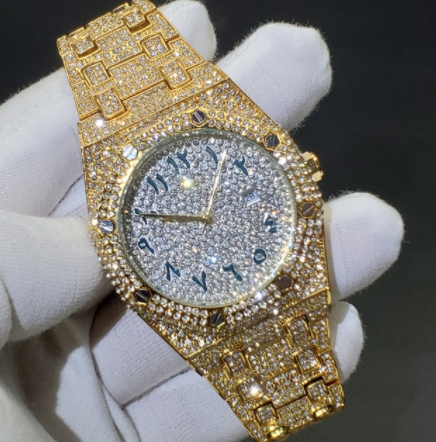 Hiphop MISSFOX Unique Arab Mens Watches Date Quartz Wristwatch Rose Gold Stainless Steel Baguette Diamond Watch For Men Jewelry discountshub
