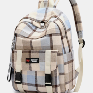 Men Casual Canvas Large Capacity Lattice Color Contrast Backpack discountshub