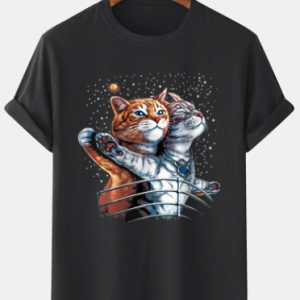 Mens 100% Cotton Cartoon Cat Lover Print Casual Short Sleeve T-Shirts discountshub