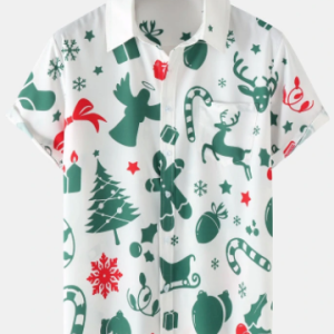 Mens All Over Christmas Element Print Button Up Short Sleeve Shirts discountshub