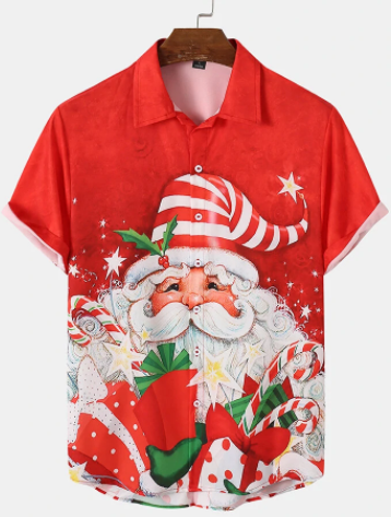 Mens Allover Christmas Santa Claus Printed Lapel Short Sleeve Shirts discountshub